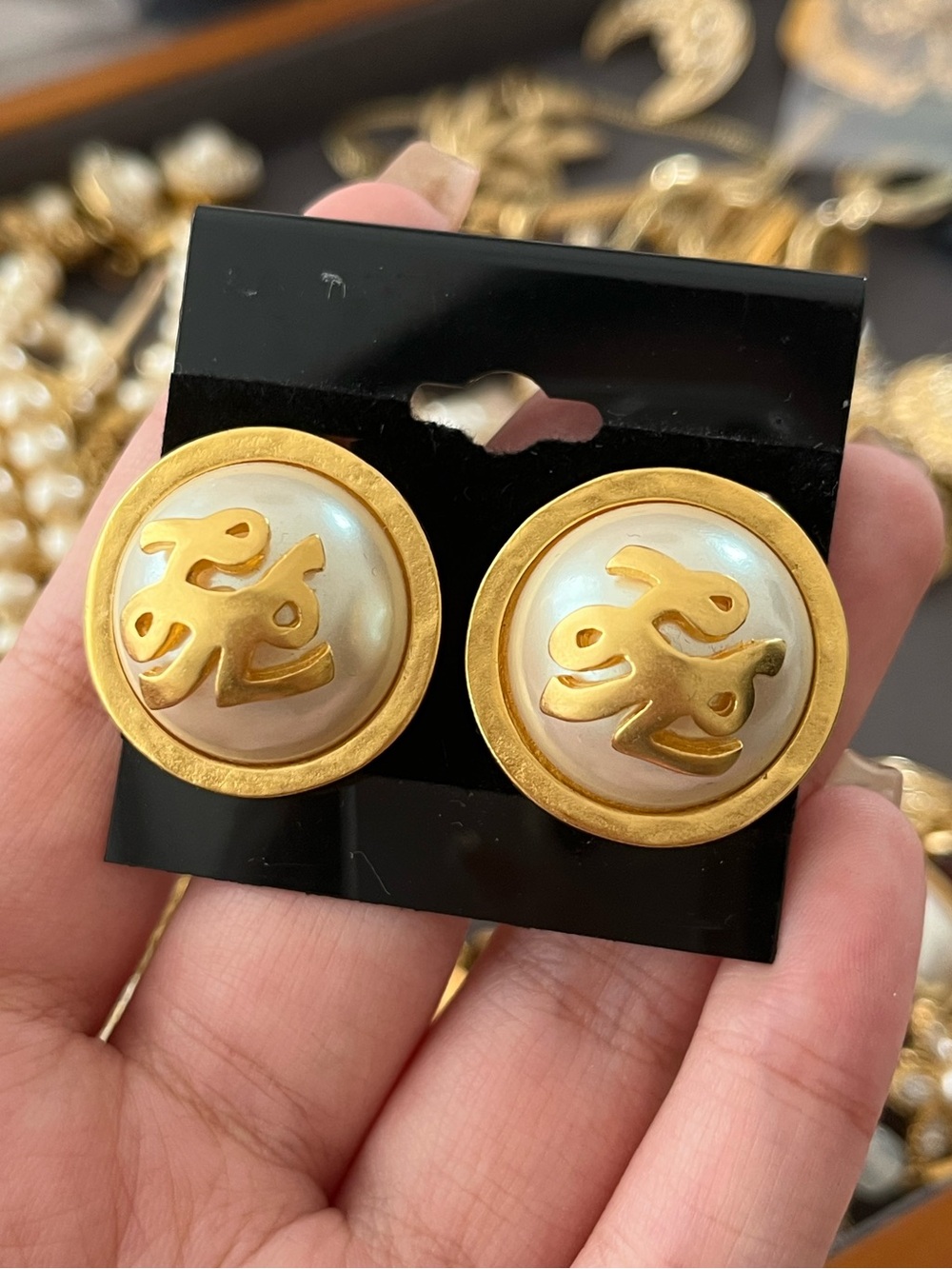 Vintage Karl Lagerfeld Monogram Round Pearl Cabochon Matte Gold Clip Earrings